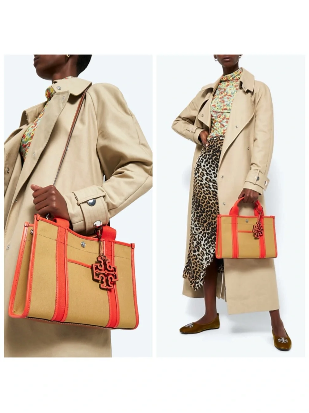 Tory Burch Brown Orange Tory Small Twill Canvas Tote Handbag